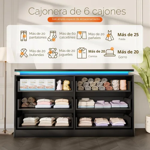 Vista 4 de Gyfimoie Cómoda Negra de 6 Cajones para Dormitorio, Cajonera Larga de 47.2" con Estación de Carga y Luces LED, Gabinete de Almacenamiento de Madera