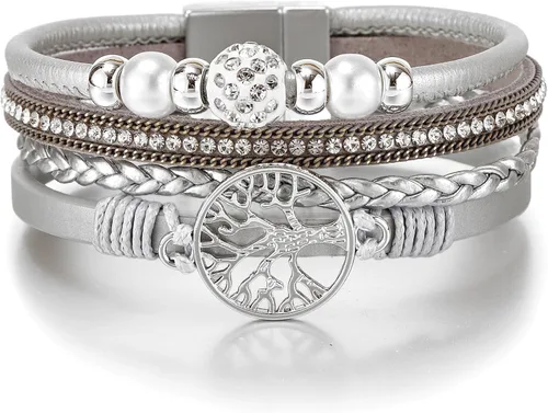 Vista 15 de Edoneery - Pulsera envolvente de cuero para mujer, brazalete de puño de múltiples capas hecho a mano estilo bohemio con cuentas de cristal