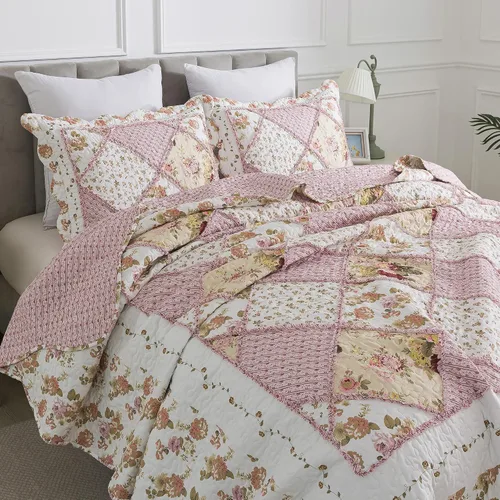 Vista 29 de Juego de cama de dos piezas, tamaño individual, de microfibra, reversible, de retazos, estilo floral, todas las estaciones, patrón de porcelana azul