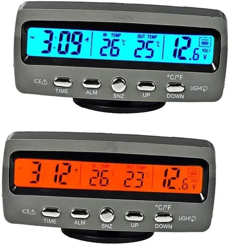Vista 3 de Riloer Termómetro digital inteligente multifuncional para automóvil, termómetro exterior Fahrenheit Celsius pantalla LCD dual con retroiluminación