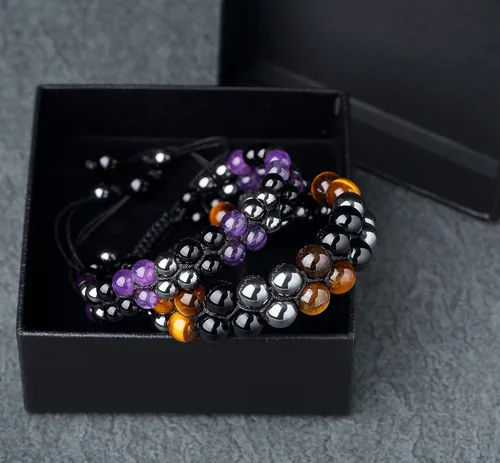 Vista 2 de Paquete de 2 pulseras de triple protección, obsidiana negra y hematita genuina de ojo de tigre y cuentas de hematita para hombres y mujeres, hechas