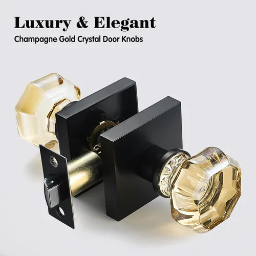 Vista 2 de Pomo de puerta de paso de cristal dorado champán Non-Locking Interior Handle, Matte Black Rosette, Hallway Closet Kids Room, Decorative Hardware