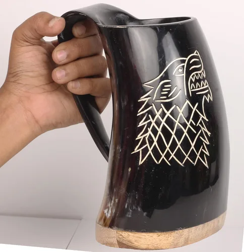 Vista 6 de Taza de cuerno vikingo con diseño de león original, jarra de cerveza vikinga con fondo de madera súper dura, ideal para amantes de la cerveza, vino
