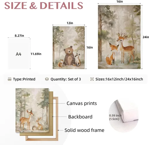 Vista 7 de Cyebmo Juego de 3 pinturas enmarcadas de animales del bosque, decoración de pared de animales salvajes del bosque, decoración de pared, pintura