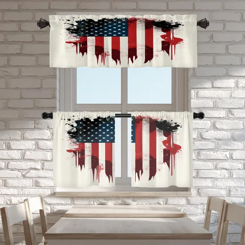 Vista 101 de Batmerry American Flag Ink Dot Blackout Tier Curtains, Red Blue White Stars Abstract Thermal Insulated Half Curtain Rod Pocket Small Valance for