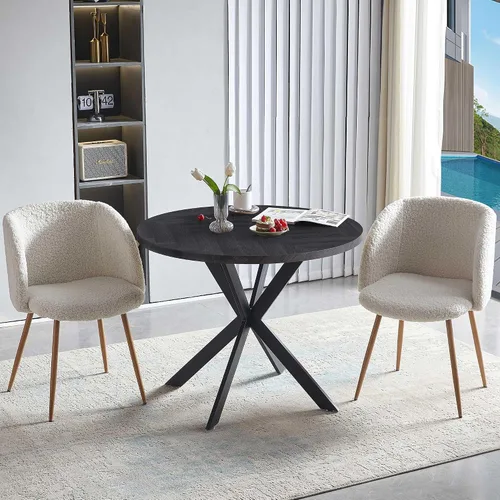 Vista 17 de Homedot Juego de mesa de comedor de cocina de 3 piezas para 2, mesa de comedor redonda negra de 37 pulgadas con brazos de comedor negros, juego