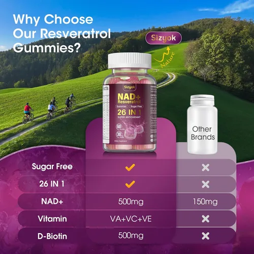 Vista 6 de Gomitas de Resveratrol NAD, Suplementos NAD para Mujeres con Colágeno Hidrolizado, Semilla de Uva y D-Biotina que Apoyan la Acción Antioxidante