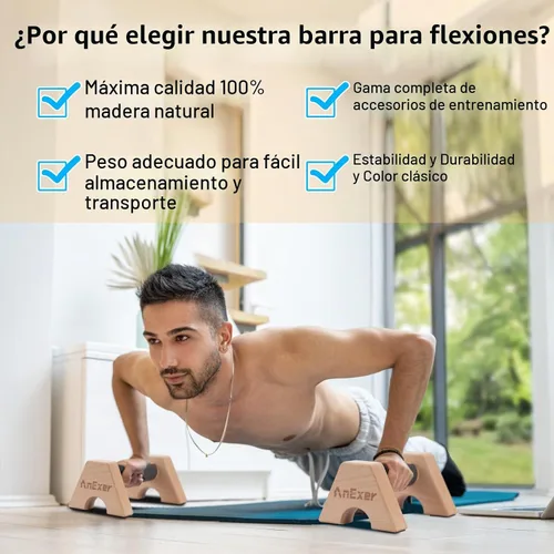 Vista 5 de soportes de empuje, barras de paralelas de mano, barras de empuje de madera sólida con alfombrilla antideslizante, mangos de empuje para ejercicio
