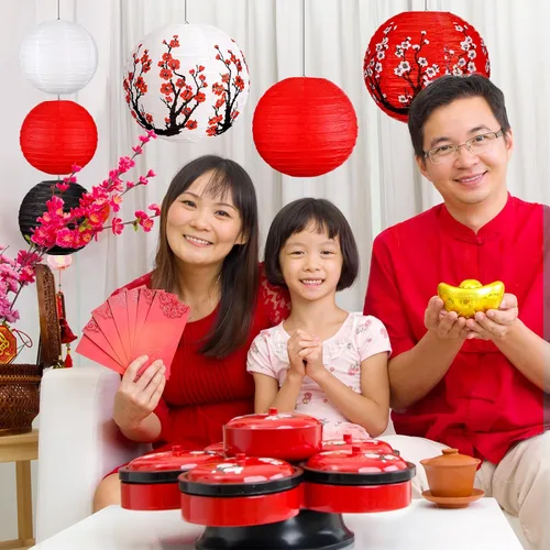 Vista 2 de 13 faroles de papel chinos japoneses con flor de cerezo rojo, farol colgante decorativo Hibachi, decoraciones de fiesta para Año Nuevo chino, hogar