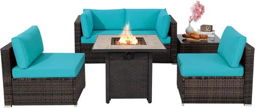 Vista 12 de Tangkula Patiojoy Juego de sofá de ratán para exteriores de 6 piezas con mesa de fuego de gas propano de 30 pulgadas, mesa de cerámica para fuego