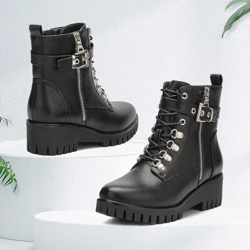 Vista 7 de CentroPoint Botines de cuña de moda para mujer, con cremallera lateral, con cordones, zapatos de plataforma de punta redonda