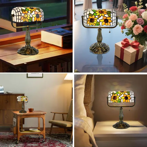 Vista 6 de Tiffany Bankers Lámpara de Escritorio, Luz de Piano de Vidrio Emplomado de Girasol con Bombilla LED, Lámpara de Escritorio Estilo Tiffany Vintage