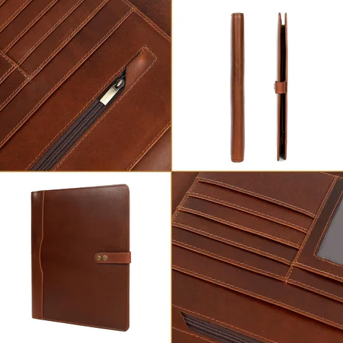 Vista 7 de Carpeta de piel ELIZO, portafolio de cuero para hombres y mujeres, organizador profesional de cartera de negocios, cartera de cuero con correa