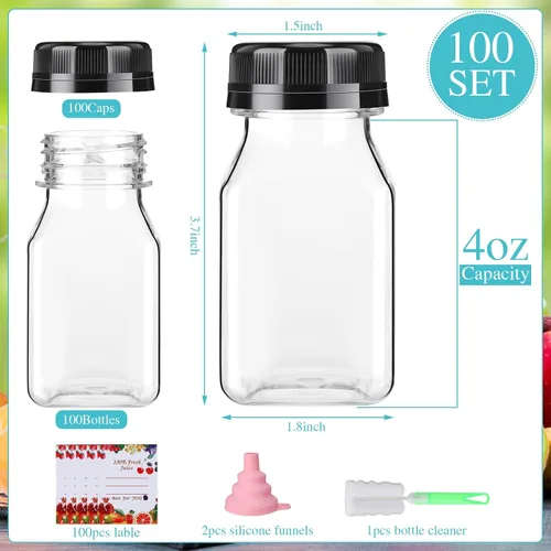 Vista 2 de Potchen 100 botellas vacías de plástico para jugo de 4 onzas con tapas, recipientes reutilizables transparentes a granel para bebidas con etiqueta