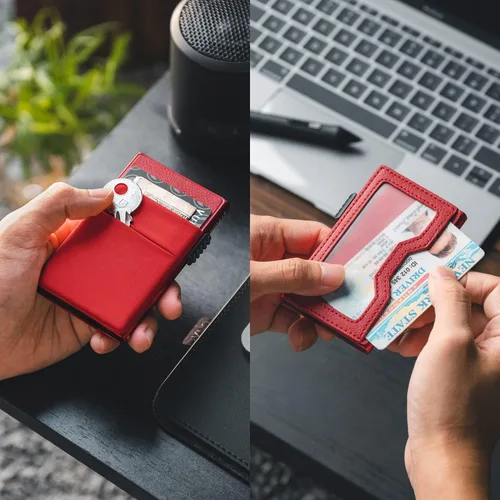 Vista 20 de VULKIT Billetera minimalista con ventana de identificación y bolsillo EDC con bolsillo desplegable para tarjetas de crédito y bloqueo RFID, diseño