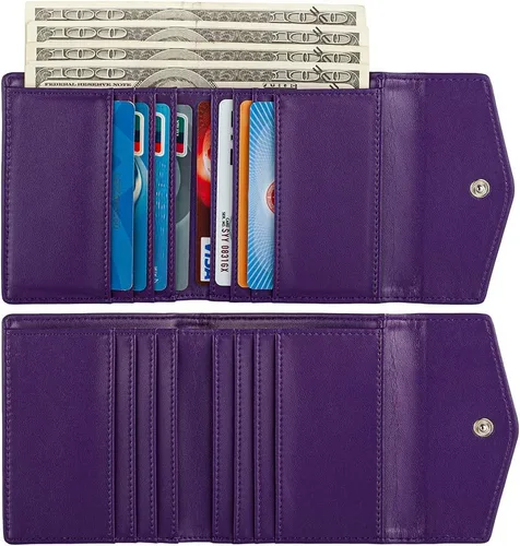 Vista 2 de Cartera pequeña y compacta de cuero para mujer, con bloqueo RFID, tarjetero para tarjetas de crédito para mujer, Púrpura, Cartera RFID