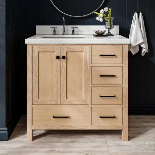 Vista 80 de ARIEL Cambridge - Mueble de baño con lavabo de 42 pulgadas, madera maciza, encimera de cuarzo blanco puro de 1.5 pulgadas, fregadero rectangular