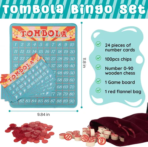 Vista 2 de Extguds Juego de bingo Tombola, Vintage Tombola italiano, lotería rusa con número 1-90 para lotería, para hasta 24 jugadores (azul)
