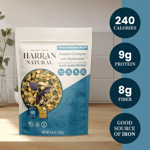 Vista 9 de Harran Natural Freekeh Pilaf – Grano antiguo, alto en proteínas, vegano, comida lista sin OMG con champiñones, albahaca roja y garbanzos asados, 6.6