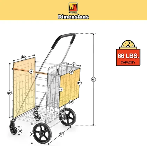 Vista 8 de Wellmax Carrito de la compra con ruedas giratorias y cesta doble para comestibles Todos los modelos WM99024S 99025S 99026S 99028S