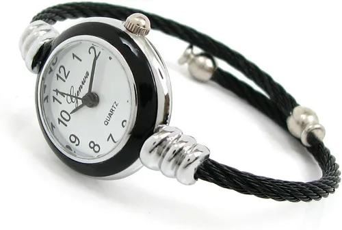 Vista 2 de Nuevo reloj de pulsera de tamaño pequeño de Ginebra con banda de cable de plata negra para mujer, Movimiento de cuarzo