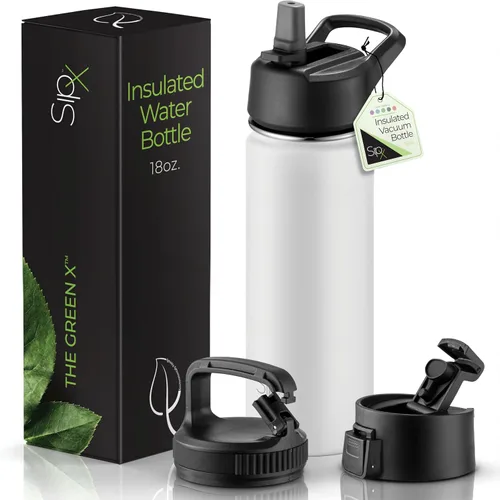 Vista 48 de SIPX™ Botella de Agua Aislada de 18 oz con 3 Tapas – Acero Inoxidable a Prueba de Fugas, Triple Aislamiento – Frío 24 Horas/Caliente 12 Horas