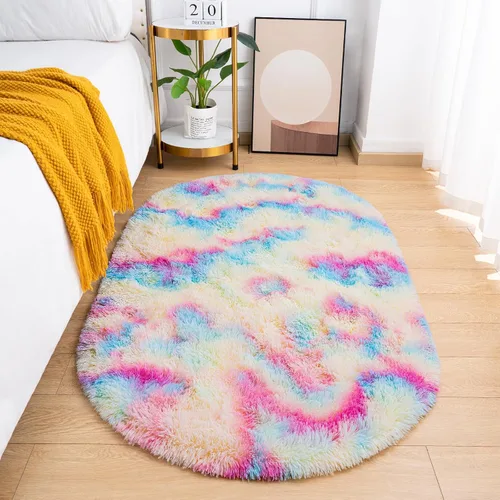 Vista 13 de Goideal - Alfombra esponjosa de dormitorio, alfombra pequeña ovalada, alfombra negra peluda para mesita de noche, ideal para habitación infantil
