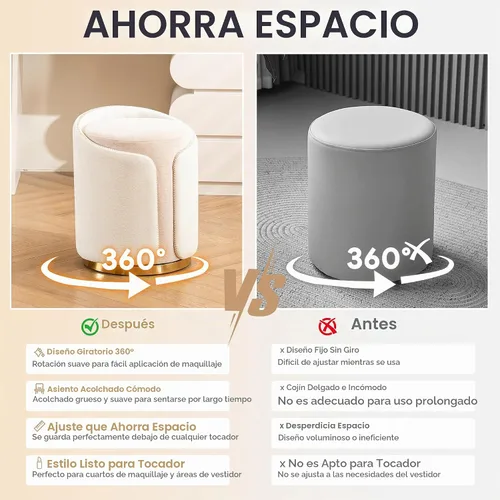 Vista 7 de Taburete Giratorio de Tocador con Base Dorada Cómoda Silla de Tocador Taburete Redondo Moderno para Tocador de Maquillaje Otomana de Tocador Beige