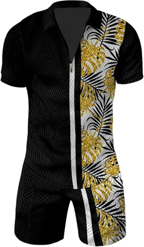 Vista 3 de Conjunto deportivo de 2 piezas para hombre, camiseta polo y pantalón corto, con cremallera de un cuarto, casual, elegante, grande y alto
