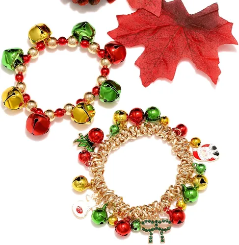 Vista 4 de ARATLENCH Pulsera de campanas de cascabel de Navidad, arco colorido, muñeco de nieve, árbol de Navidad, pulsera elástica con cuentas, novedosa