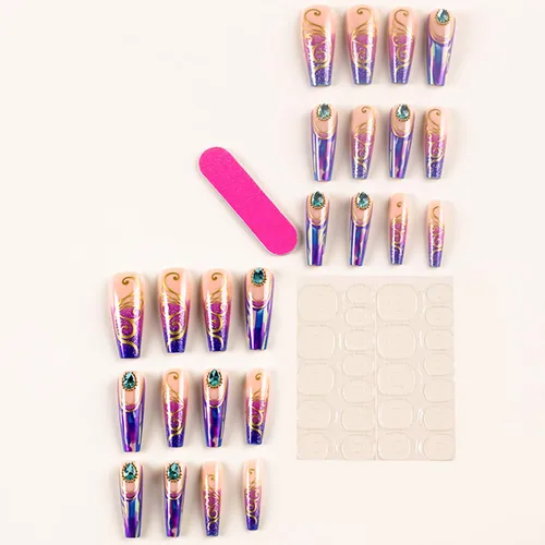 Vista 4 de Uñas postizas largas cuadradas de acrílico artificiales con punta francesa, diseño de mariposa dorada, diseño de mariposa dorada, uñas postizas