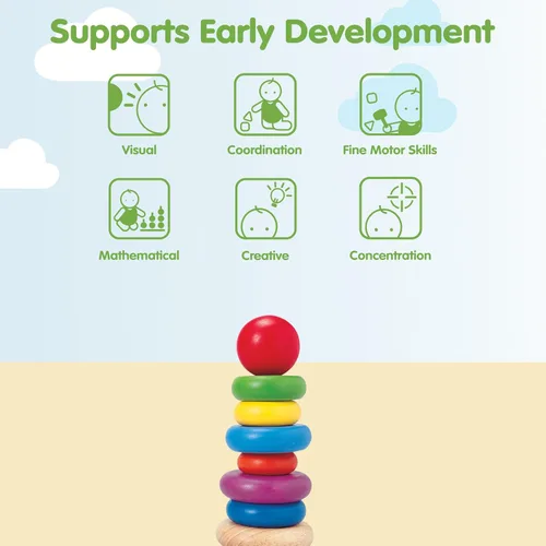 Vista 4 de PlanToys Anillo apilable de madera para motricidad fina inspirada en Montessori y aprendizaje temprano Reconocimiento de color, resolución
