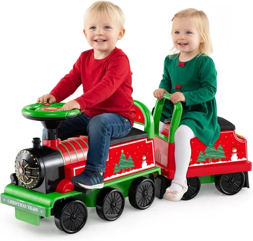 Vista 12 de OLAKIDS Kids Ride On Train with Track, 6V Electric Toy with Lights and Sounds, Retractable Footrest, Under Seat Storage, Christmas Theme Battery