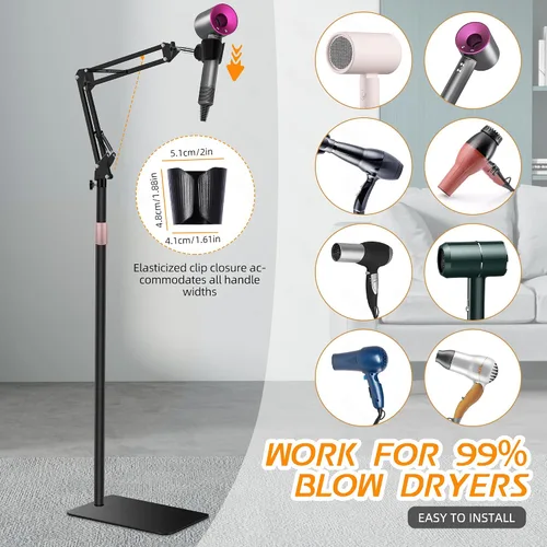 Vista 5 de Soporte para Secador de Pelo, Altura Ajustable de 1.68M, Soporte para Secador de Manos Libres con Base Pesada, Rotación de 360 Grados, Funciona