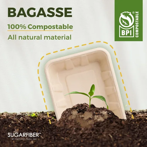 Vista 6 de 100 unidades Harvest Pack 22 oz Bandejas de comida compostables, 21.56 cm x 16.38 cm x 3.3 cm Contenedor de comida desechable LIBRE de PFAS, platos