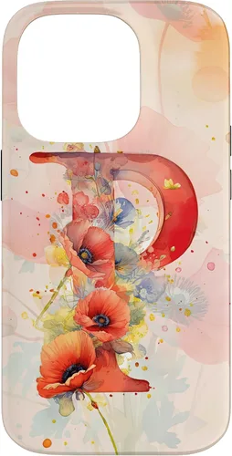 Vista 17 de iPhone 16 Beautiful Poppy Flowers Initial Letter P Monogram Watercolor Case