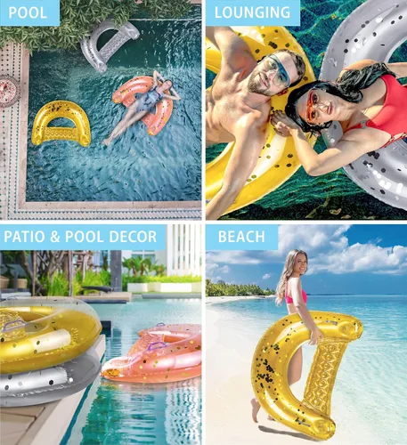 Vista 3 de POZA Silla flotante inflable para piscina, tumbona lujosa rellena de confeti brillante, 2 portavasos y asas integrados, silla flotante de agua