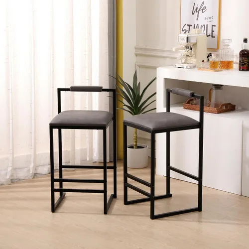 Vista 15 de Juego de 2 taburetes de bar modernos tapizados de piel sintética sin brazos con respaldo para bar en casa, comedor, isla de cocina, bistró, club