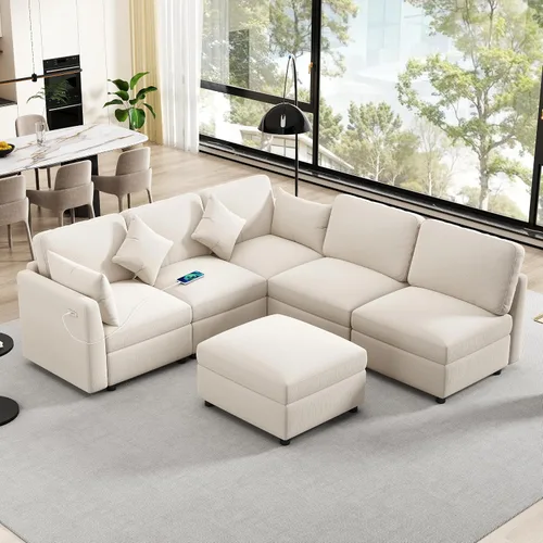 Vista 8 de Sofá modular en forma de U de 86.6 pulgadas, sofá cama en forma de L con una otomana móvil y dos puertos USB para sala de estar (beige)