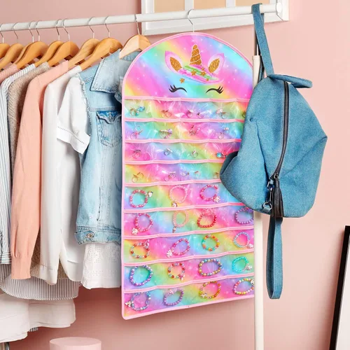 Vista 3 de FIOBEE Organizador de joyas colgante para niñas, soporte de almacenamiento de joyas de unicornio con colgador para niños, aretes, collar, pulsera