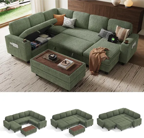 Vista 47 de LINSY HOME Sofá cama seccional con sofá cama extraíble para sala de estar (azul) Plush Corduroy