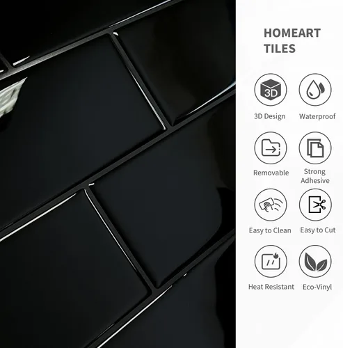 Vista 6 de Azulejo de metro negro para despegar y pegar, azulejos autoadhesivos para pared de cocina (10 x 10 pulgadas, 10 hojas)