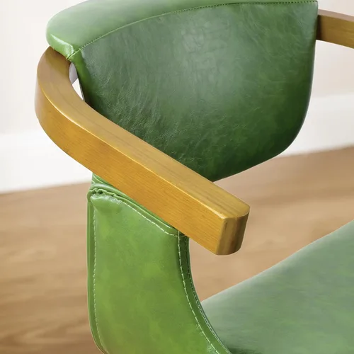 Vista 3 de Zouron Silla de escritorio sin ruedas, moderna silla de oficina de madera, silla de cuero sintético con brazo para sala de estar, dormitorio