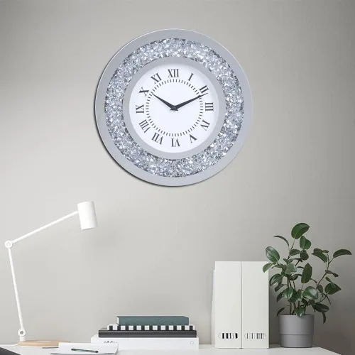 Vista 6 de Reloj de pared grande con espejo plateado brillante brillante brillante con diamantes para decoración de pared, espejo de cristal plateado