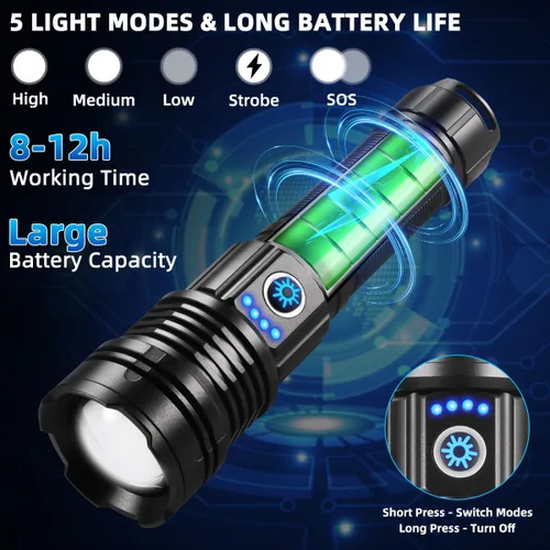 Vista 3 de Linternas de altos lúmenes recargables, linterna súper brillante, linterna táctica ajustable, linterna de 5 modos de alta potencia, linterna LED