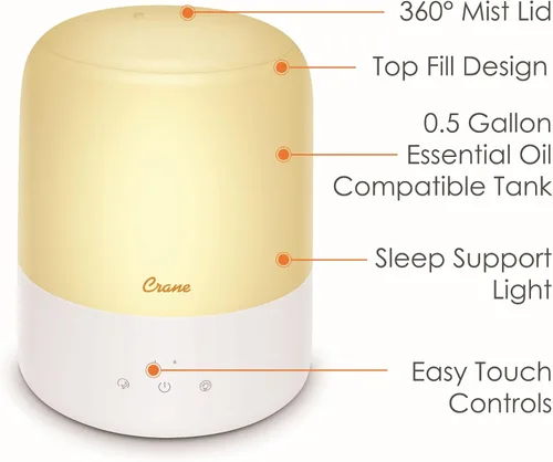 Vista 7 de Crane Top Fill - Mini humidificador para dormitorio y guardería, difusor de aceite esencial 3 en 1, luz para dormir, 0.5 galones, humidificador