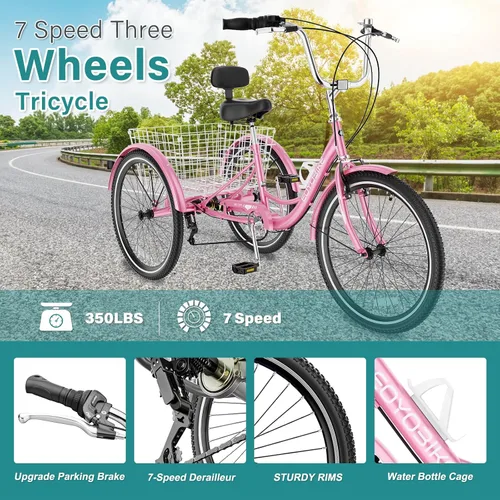 Vista 3 de MOPHOTO Triciclos para adultos, bicicleta de crucero de tres ruedas, 7 velocidades, triciclos para adultos con ruedas de 20/24/26 pulgadas
