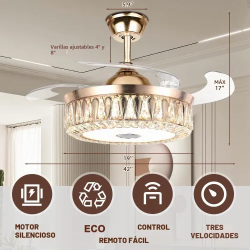 Vista 3 de Ventiladores de techo Bluetooth de 42 pulgadas con luces, moderno ventilador de techo retráctil y control remoto, 7 cambios de color, luz de Dorado-2