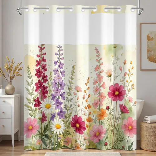 Vista 30 de No Hook Geometric Shower Curtain with Snap in Liner - 71″W x 74″L Waterproof Fabric with Mesh Top Window, Modern Abstract Triangle Design Bath