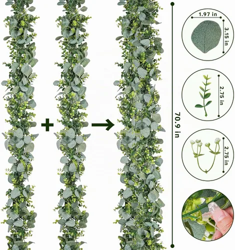 Vista 3 de Paquete de 8 guirnaldas artificiales de eucalipto, plantas colgantes de hojas verdes artificiales, vides de eucalipto para decoración de telón